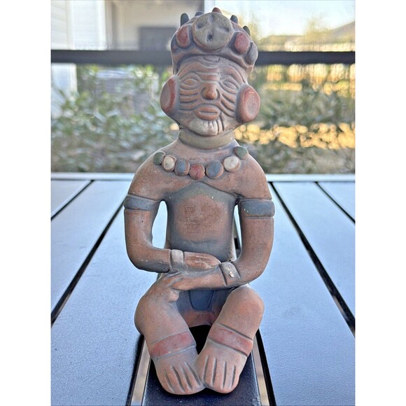 Vintage Aztec Mayan Style Terracotta Clay Painted Mexico Warrior Sitting 7.5” - Picture 1 of 6